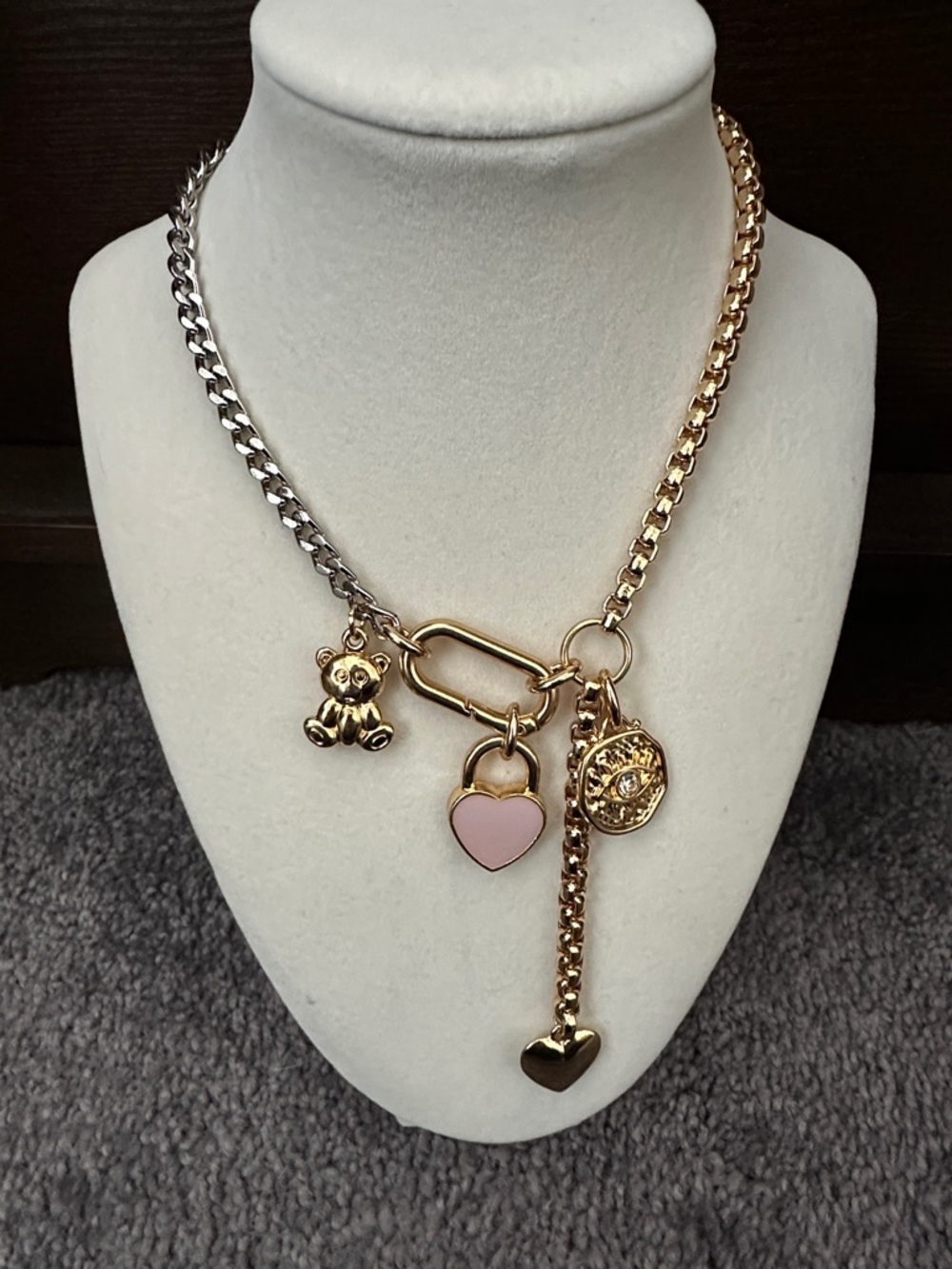 Gold and Silver Two-Tone Charm Necklace with Pink Heart